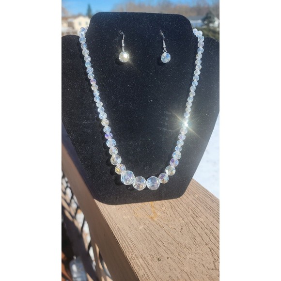Estate Jewelry - Vintage Clear Aurora Borealis Faceted Beaded Necklace & Earrings 20.5" Length